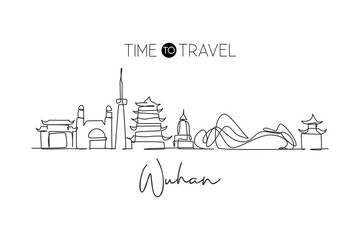 Poster - continuous one line drawing wuhan city skyline, china. asia beautiful landmark gallery. world landsc