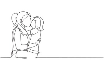 Poster - Single continuous line drawing sweet little girl is hugging and kissing her beautiful mom in cheek while sitting on bed at home. Mothers day. Dynamic one line draw graphic design vector illustration