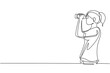 Single continuous line drawing girl looking in distance with binoculars. Enjoy beauty of nature as far as the eye can see. Find something interesting. One line draw graphic design vector illustration