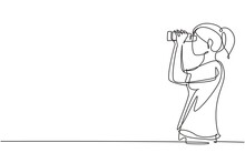 Single Continuous Line Drawing Girl Looking In Distance With Binoculars. Enjoy Beauty Of Nature As Far As The Eye Can See. Find Something Interesting. One Line Draw Graphic Design Vector Illustration