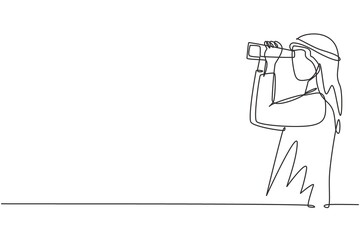 Poster - Single continuous line drawing Arabic man looking in distance with binoculars. Enjoy beauty of nature as far as the eye can see. Find something interesting. One line graphic design vector illustration