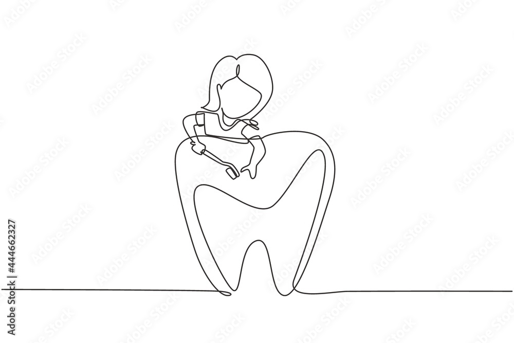 Single one line drawing girl brushing giant teeth with toothbrush. Symbol dental clinic, dentistry hospital, and oral care center. Modern continuous line draw design graphic vector illustration - obrazy, fototapety, plakaty 
