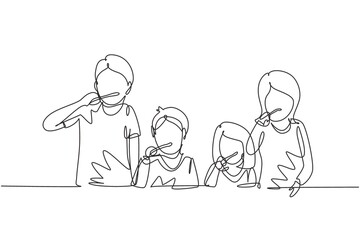 Wall Mural - Single continuous line drawing happy family brushing their teeth together before bedtime. Routine habits for cleanliness and health of mouth and teeth. One line draw graphic design vector illustration