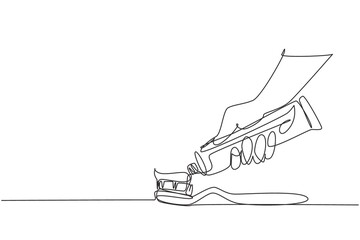 Poster - Single continuous line drawing brushing teeth. Toothbrush and toothpaste close up. Hand extrude toothpaste from tube on toothbrush. Teeth care concept. One line draw graphic design vector illustration