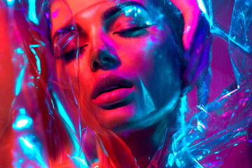 Wall Mural - High Fashion model girl in colorful bright neon lights posing in studio through transparent film. Portrait of beautiful young woman in UV. Art design colorful make up. On colourful vivid background