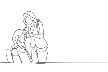Poster - Single continuous line drawing confident young woman is looking at her reflection. Glowing beauty with new hairstyle at salon. Hair style concept. One line draw graphic design vector illustration