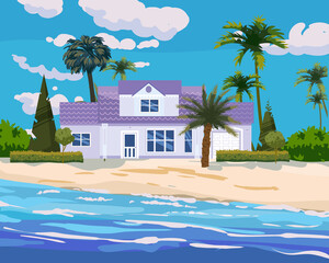 Wall Mural - Modern cottage mansion on tropical exotic island coast. Modern villa architecture luxury, ocean, beach, palms and plants, summertime landscape seachore. Vector illustration