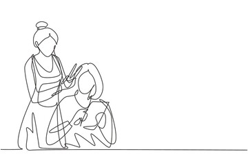 Poster - single one line drawing young women sitting in beauty hair salon style, reading the magazine and wai