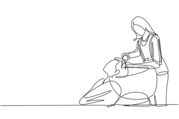 Poster - single continuous line drawing like a princess. side view photo of young relaxed woman washing hair 