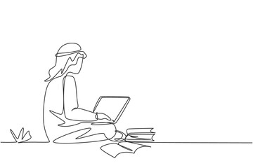 Poster - Continuous one line drawing Arabian male students studying with laptop, pile of books and sitting at the park. Back to school, online education. Single line draw design vector graphic illustration