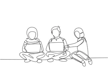 Poster - Single continuous line drawing three Arabian students studying with laptop and sitting on the floor together. Back to school, online education concept. One line draw graphic design vector illustration