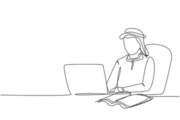 Poster - Single one line drawing Arabian man studying with laptop and open book. Back to school, intelligent student, online education concept. Modern continuous line draw design graphic vector illustration