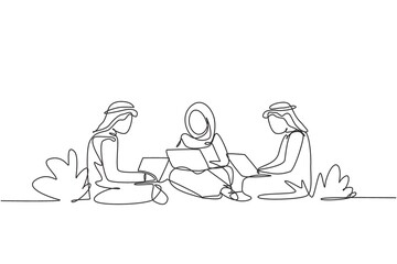 Aufkleber - Single continuous line drawing three Arabian students studying with laptop and sitting at the park together. Back to school, online education concept. One line draw graphic design vector illustration