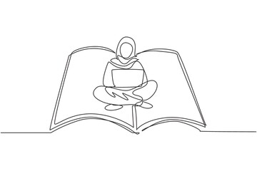 Aufkleber - Single continuous line drawing Arabian female with laptop sitting on open big book. Freelance, distance learning, online courses, and studying concept. One line draw graphic design vector illustration
