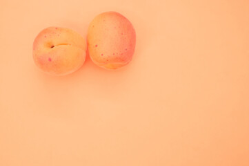 Top view of two sweet ripe orange apricots on an isolated pastel orange background