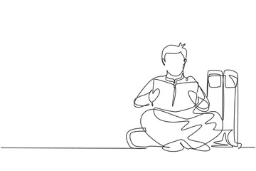 Poster - single one line drawing young arabian male reading, learning and sitting on big books. study in libr