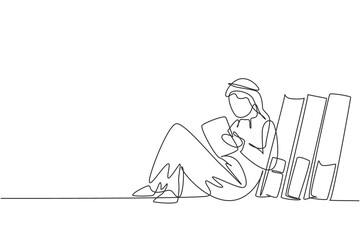 Poster - Single continuous line drawing young Arabian male reading, learning and backrest on pile of big books. Study at home. Smart student, education. Dynamic one line draw graphic design vector illustration