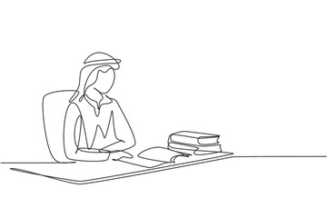 Poster - Continuous one line drawing young Arab male reading, learning and sitting on chair around table. Study in library. Smart student, education concept. Single line draw design vector graphic illustration