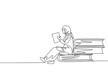 Poster - continuous one line drawing young arabian female reading, learning and sitting on big books. study a