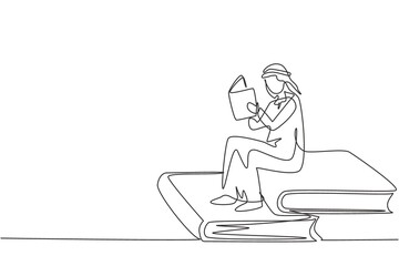 Poster - Single one line drawing young Arab student male reading, learning and sitting on big books. Study in library. Literature fans or lovers. Modern continuous line draw design graphic vector illustration