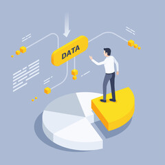 isometric vector illustration on gray background, man in business attire stands on a slice of chart pie and big yellow button that says data, data analysis