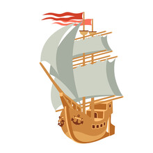 Ancient Wooden Sailboat With Masts, Red Flags, Anchors And Sails, Symbol Of Travel, Youth Dreams & Romantic, Color Vector Illustration Isolated On A White Background In A Cartoon And Flat Design