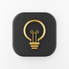Poster - Gold light bulb contour line icon. 3d rendering black square key button, interface ui ux element.