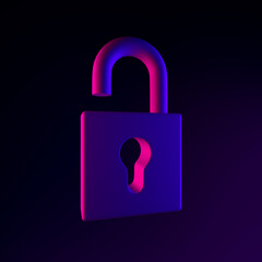 Poster - Neon open padlock icon. 3d rendering ui ux interface element. Dark glowing symbol.