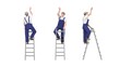 3D rendering of a worker on a ladder from multiple views, front side and back. Isolated on white background