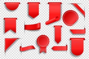 Poster - Empty red tags. Realistic price labels, ribbons and corners. Promo sale badge, discount label, blank ribbon tag Vector template set. Promotional elements for retail stores and shops
