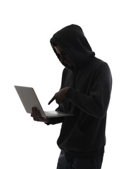 Silhouette of hacker with laptop on white background