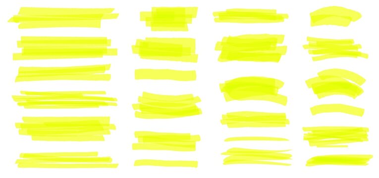 Highlighter line. Yellow marker strokes, lines, frames. Hand drawn highlighters pens scribble, text highlight or underline vector set. Bright permanent elements isolated on white collection