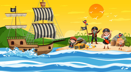 Wall Mural - Treasure Island scene at sunset time with Pirate kids