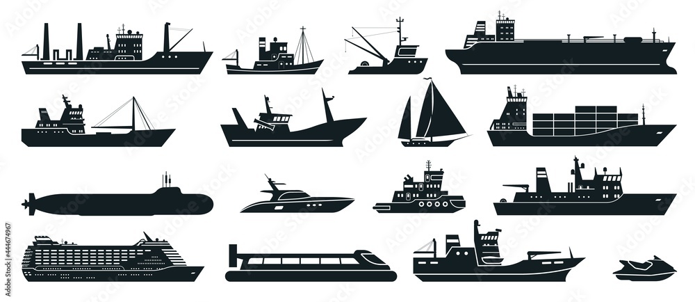 Ships silhouette. Cargo ship with shipping containers, tourist cruise ship, commercial fishing vessel, yacht. Water transportation vector set. Liner for voyage, fisher boat, water scooter - obrazy, fototapety, plakaty 