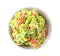 Wall Mural - Bowl with tasty guacamole on white background