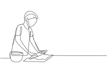 Poster - Single continuous line drawing young man making cookie dough using rolling pin at cozy kitchen table. Making bakery and homemade pizza at home. Dynamic one line draw graphic design vector illustration