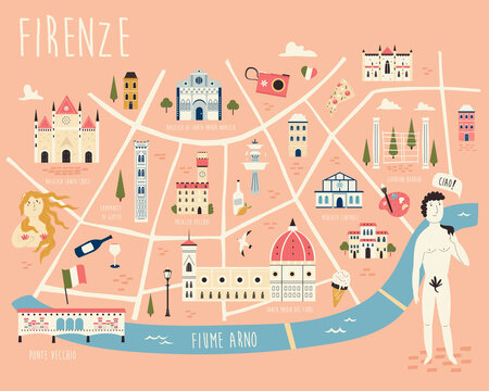 illustrated map of florence with famous symbols, landmarks, buildings
