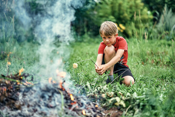 Funny boy roasts marshmallow above bonfire on on garden lawn