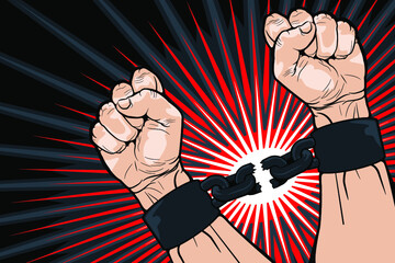 Conceptual image of breaking the bonds in a bid for for freedom and liberty with a strong man clenching his hands to snap the handcuffs around his wrists, vector illustration