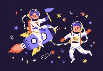 spaceman children in space suits traveling in universe. adventure of cute funny astronauts in cosmos