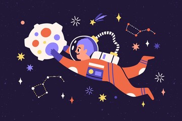 child astronaut in spacesuit travel in cosmos. cosmonaut flying and floating in outer space with sta