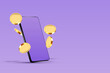 phone with flying coins on purple. Concept background
