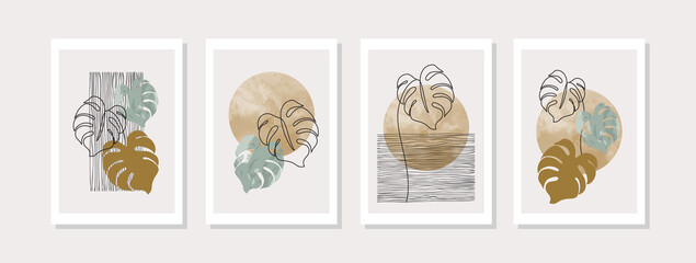 Canvas Print - Abstract geometric shapes, monstera plant poster set in mid century style.