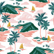 Tropics background with sailing boats, exotic islands, palm trees silhouettes, ocean sea waves texture.