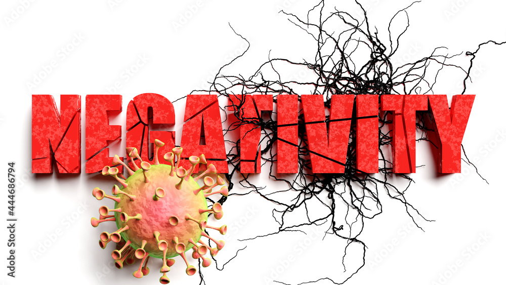 Degradation and negativity during covid pandemic, pictured as declining phrase negativity and a corona virus to symbolize current problems caused by epidemic, 3d illustration - obrazy, fototapety, plakaty 