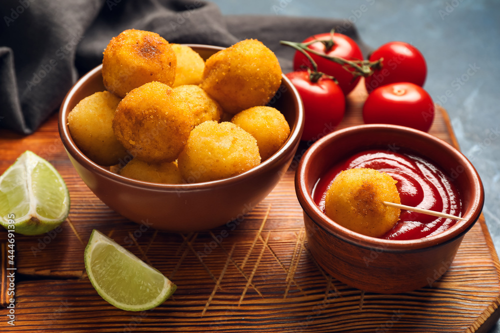 Composition with fried potato balls on color background