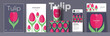 Flowers and plants. Tulip. Corporate identity. Set of vector illustrations. Floral background pattern. Design of cup, poster, banner, packaging, price tag and cover.