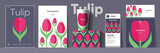 Fototapeta Tulipany - Flowers and plants. Tulip. Corporate identity. Set of vector illustrations. Floral background pattern. Design of cup, poster, banner, packaging, price tag and cover.