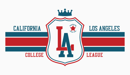 LA t-shirt design with shield and crown. Los Angeles, California typography graphics for college tee shirt. Vector illustration.