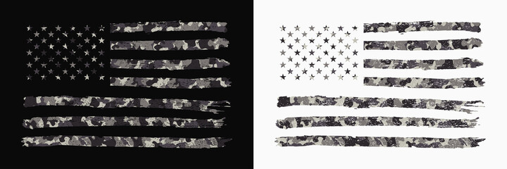 USA flag with camouflage. Set of camo American flag in military style with grunge. Typography graphics for t-shirt and apparel or banner and poster. Vector illustration.